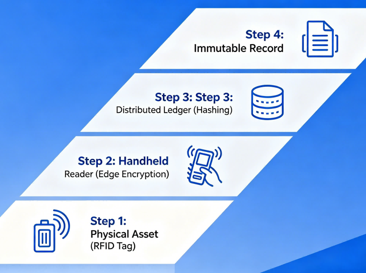Workflow diagram of enterprise RFID asset management data being hashed onto a blockchain.