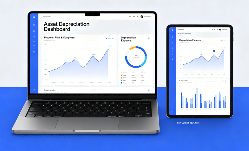 A professional SaaS interface showing real-time analytics, depreciation charts, and asset distribution maps for global enterprise management.