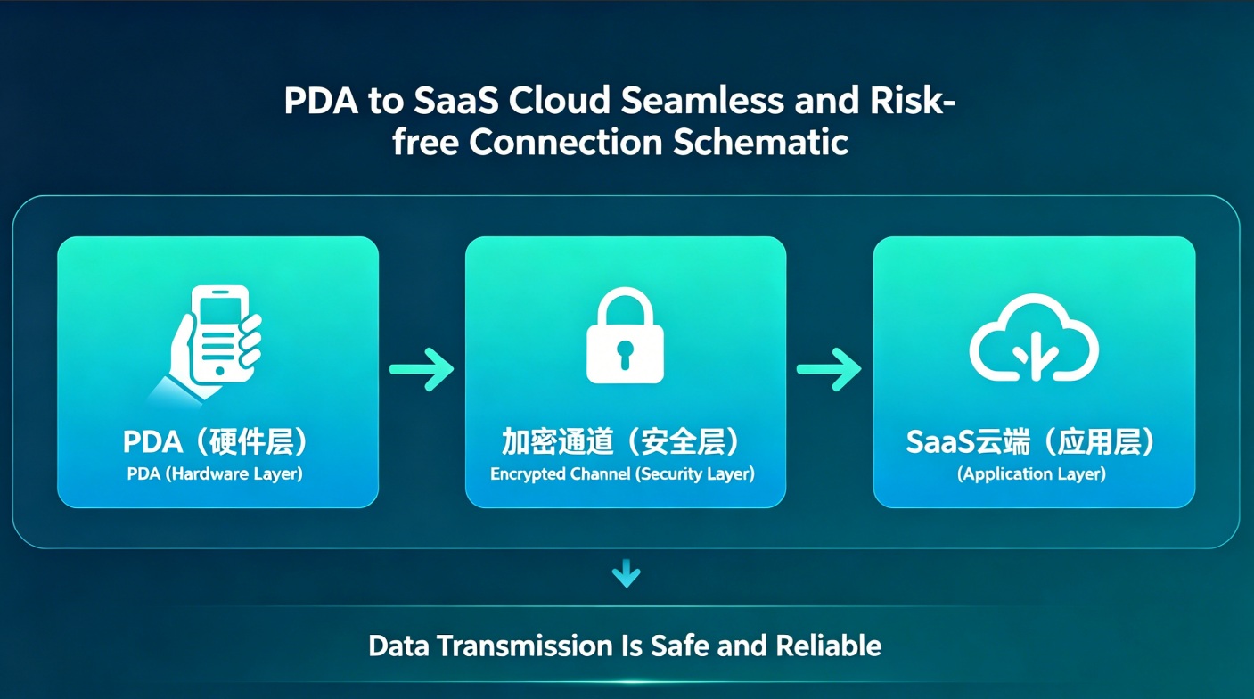 Organically Integrated Security Architecture Schematic showing secure data synchronization between FYJ hardware and SaaS cloud.