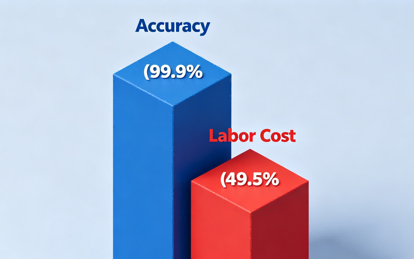 Strategic ROI: Radical Cost Reduction and Accuracy Gains. Infographic concept showing 70% labor savings and 99.9% outbound accuracy with FYJ RFID solutions.