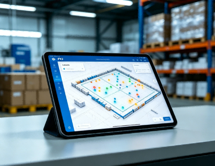 The Command Center: Real-time visibility of every pallet on your floor. FYJ SaaS dashboard showing the digital map and status of all active Sound and Light tags in the warehouse.
