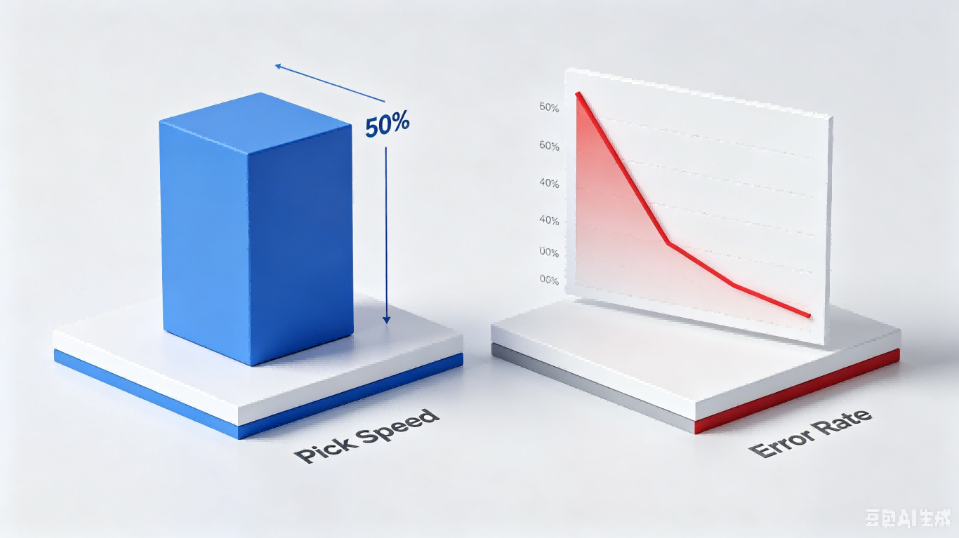 Strategic Impact: Quantifying Pick-to-Light ROI and Error Reduction. An infographic showing the 50% labor savings and 99.9% picking accuracy achieved with FYJ WMS solutions.