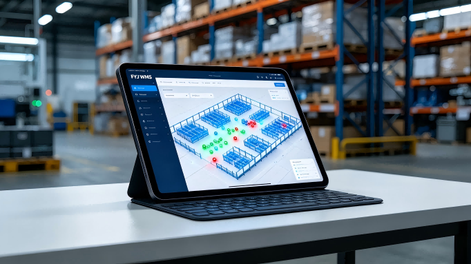 The Brain of the Warehouse: Real-Time Orchestration via FYJ WMS Solutions. A modern SaaS dashboard showing the real-time warehouse map and tag status of the FYJ WMS solution.