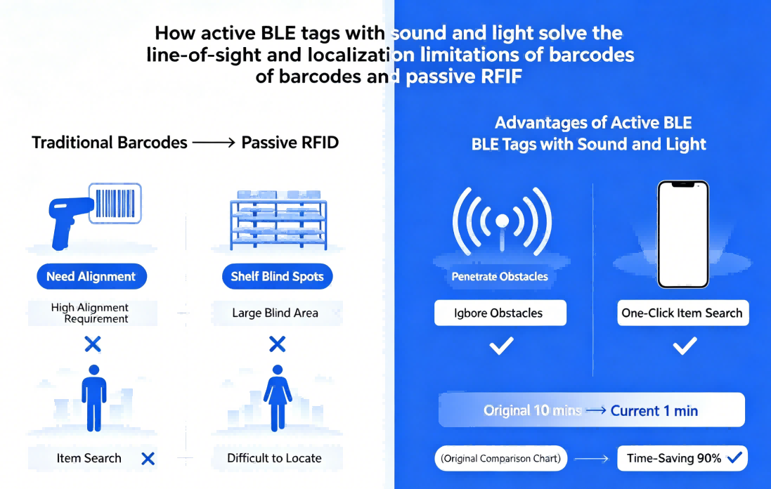  Comparison infographic between barcode, passive RFID, and active BLE sound and light tags for returnable asset tracking