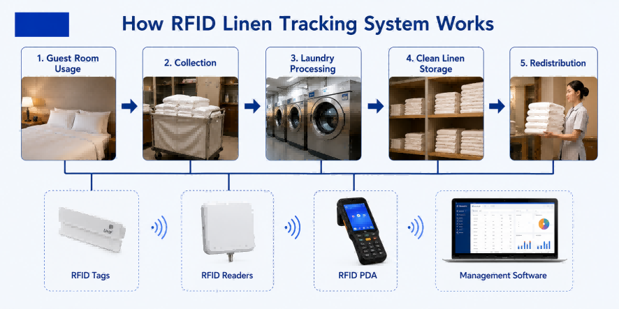 RFID Linen Tracking Workflow for Hotels and Commercial Laundries RFID linen tracking workflow showing guest room usage, linen collection, laundry processing, storage, redistribution, RFID tags, readers, PDA devices, and management software.
