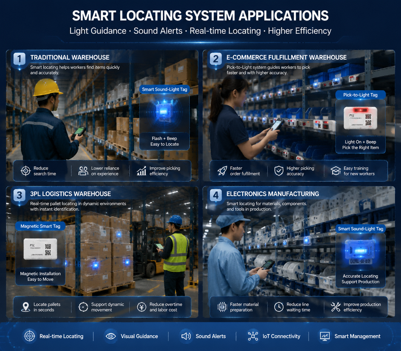Smart locating solution applications in warehouse, logistics and manufacturing industries