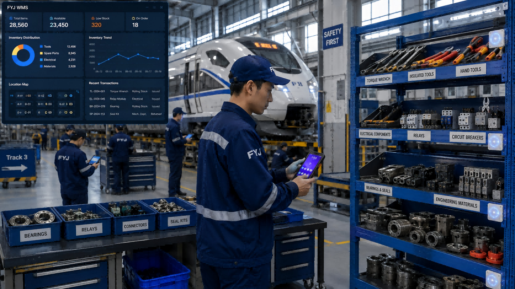 Railway maintenance warehouse using FYJ warehouse management software for maintenance tools and spare parts management.