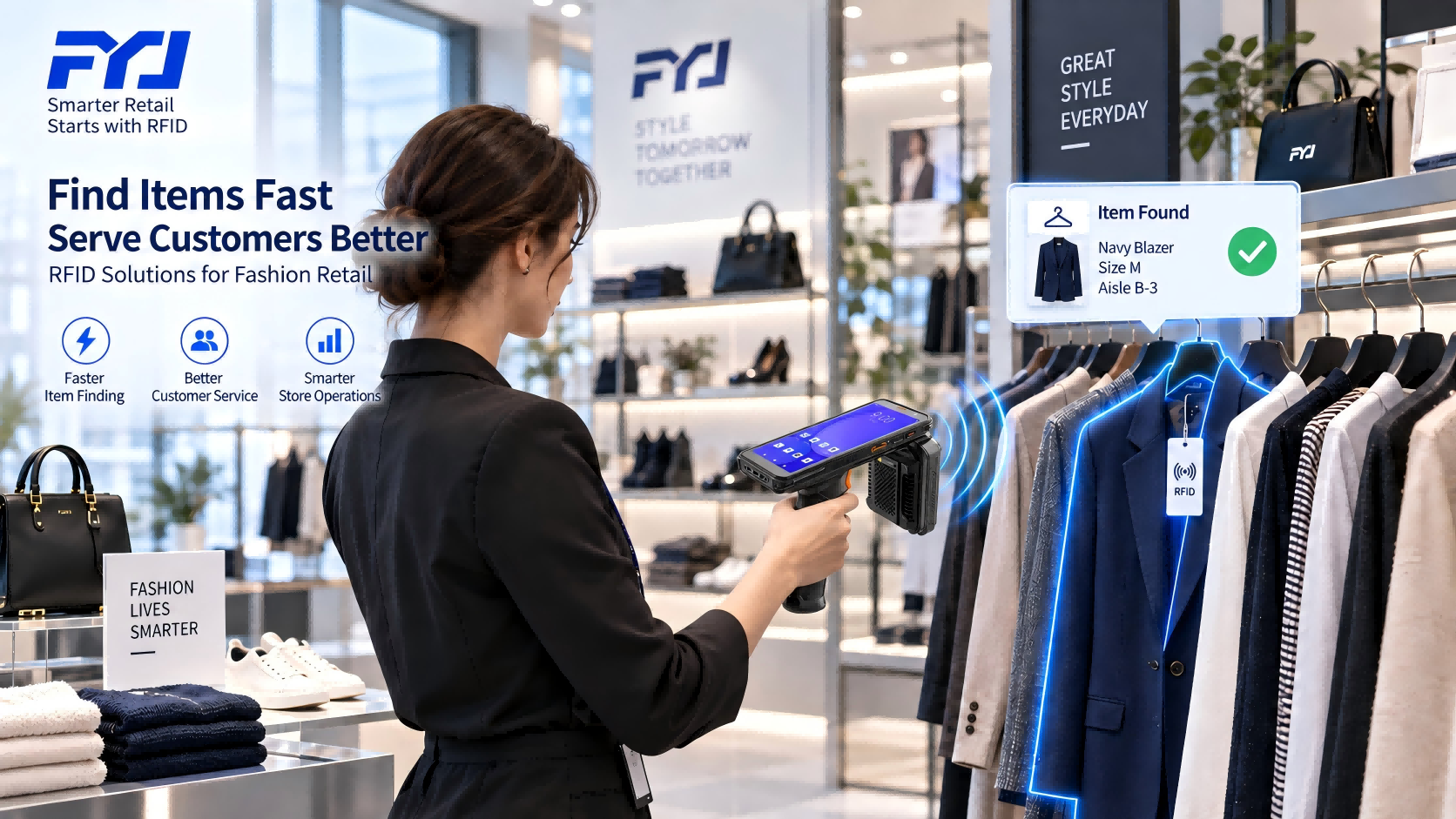RFID Inventory Counting for Fashion Reta Fashion retail staff using an RFID handheld PDA to count multiple tagged garments and view real-time inventory data