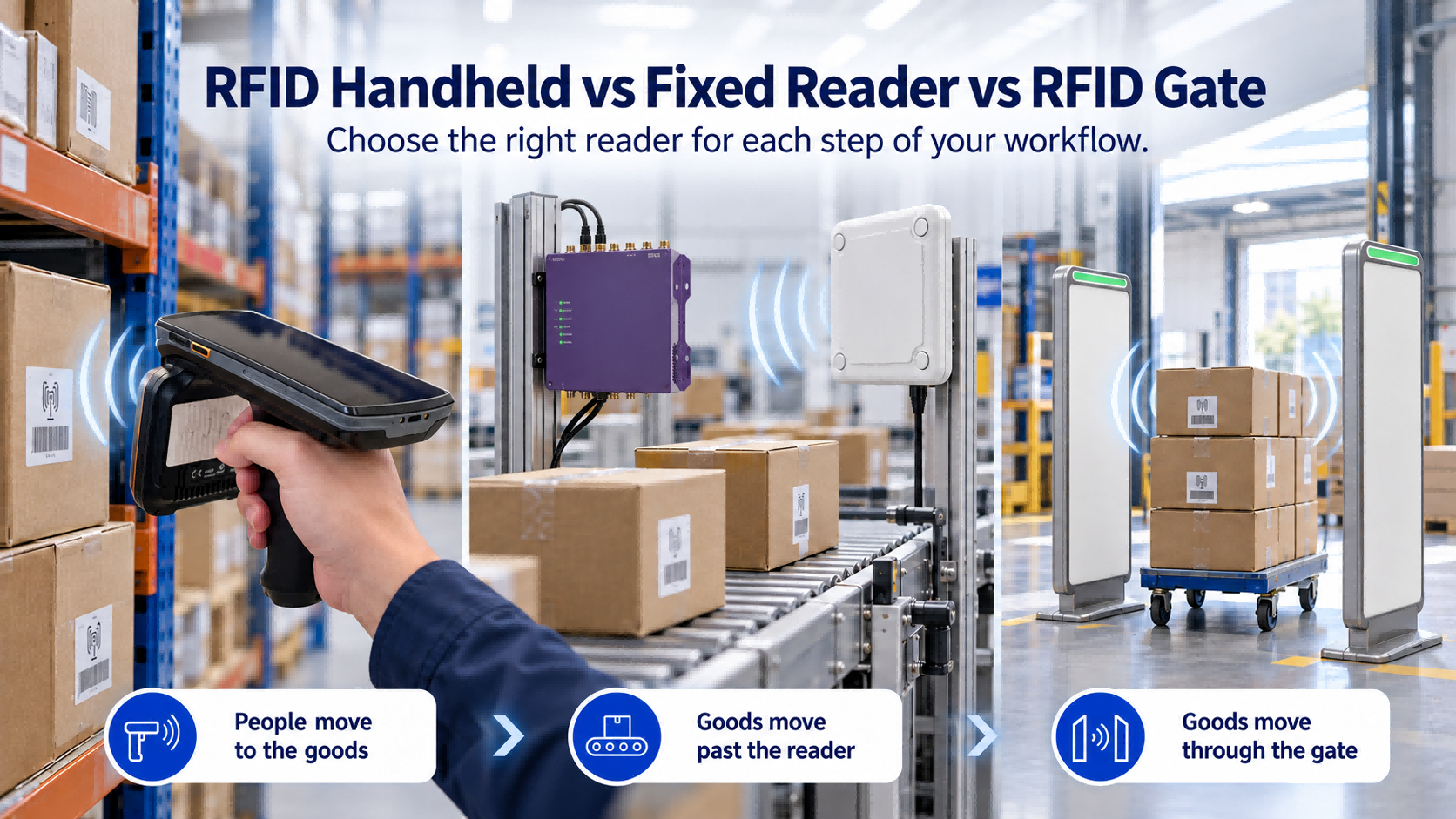 RFID Handheld vs Fixed Reader vs RFID Gate RFID handheld reader, fixed RFID reader and RFID gate used for warehouse inventory, automatic identification and entrance exit monitoring