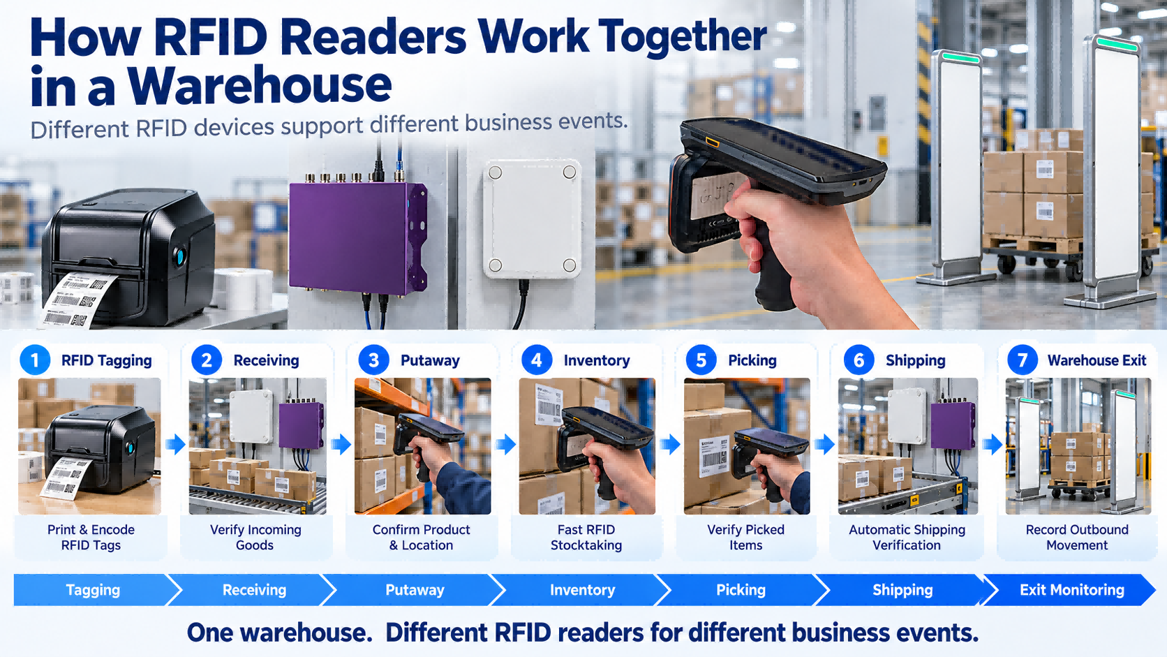 How RFID Readers Work Together in a Warehouse RFID warehouse workflow using RFID printer, handheld reader, fixed reader and RFID gate from tagging to receiving, inventory, shipping and exit monitoring